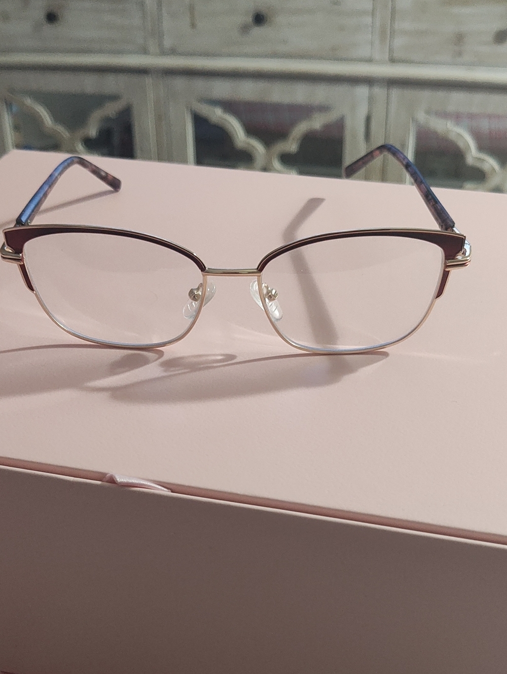 Women's Semi-Rimless Eyeglasses in Burgundy and Gold